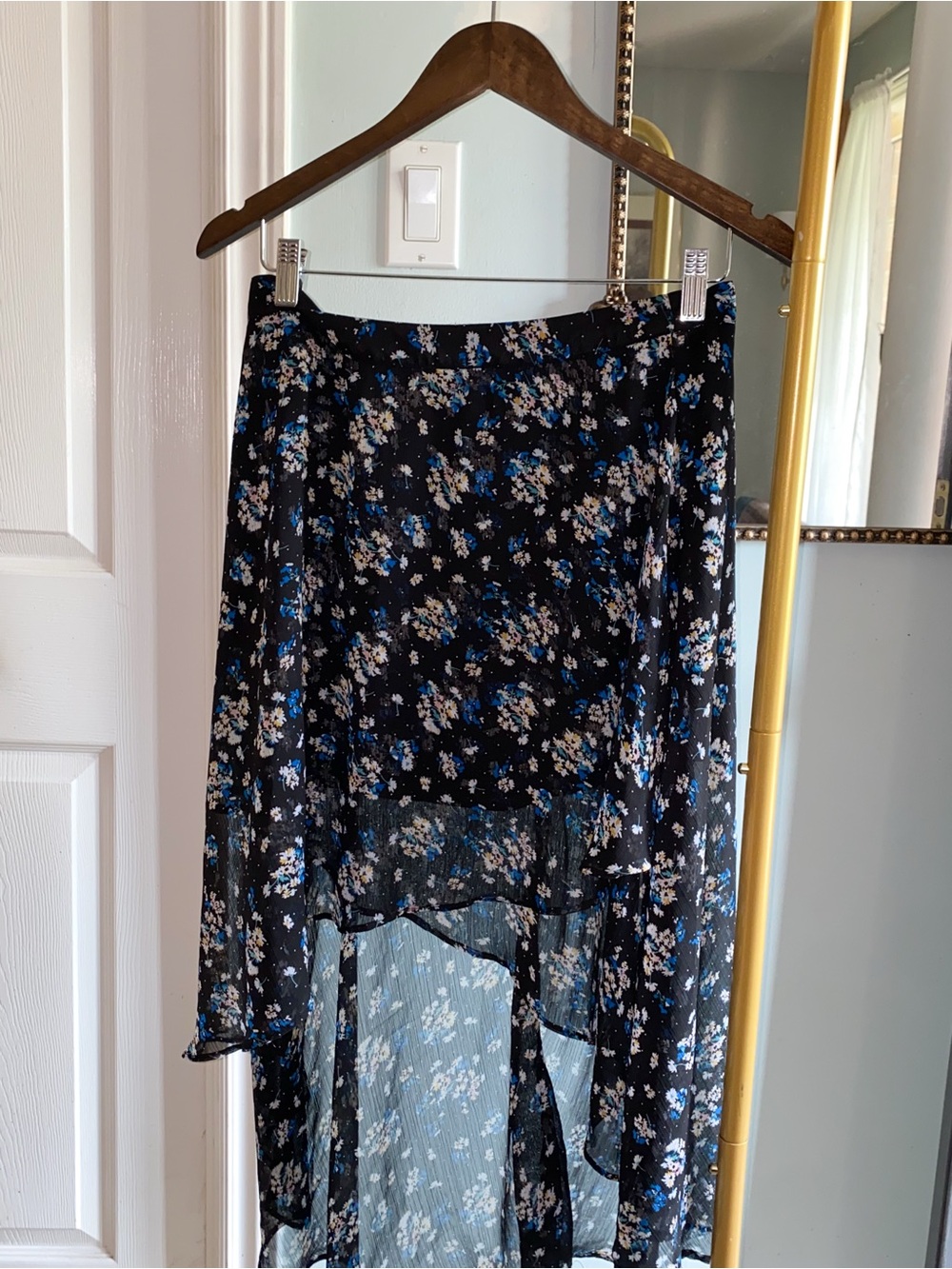 Black Floral High-Low Chiffon Skirt with Blue Accents